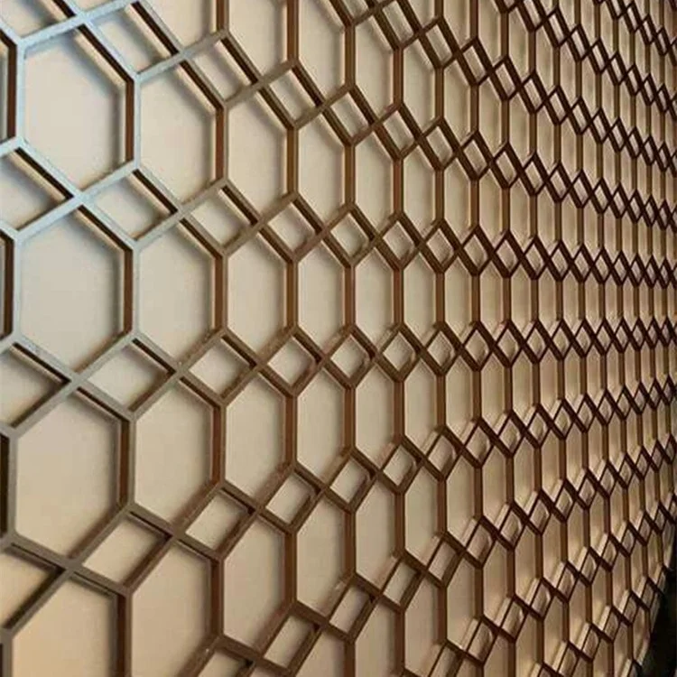 Hotel lobby design stainless steel decorative brass color  laser cutting metal mesh