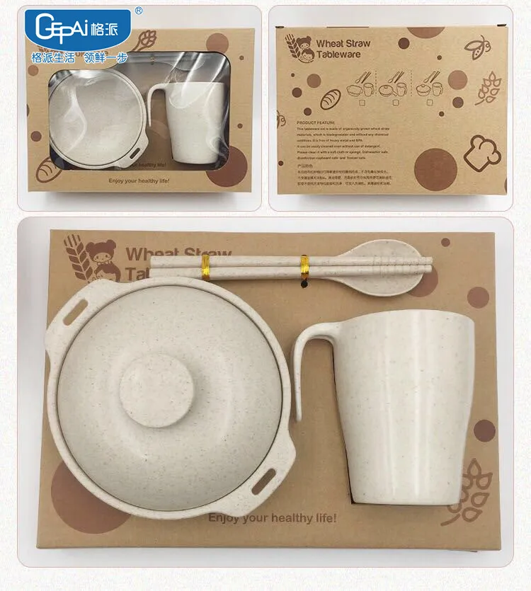 Eco-friendly Baby Child Bowl Spoon Chopsticks Cup Dinnerware Healthy Wheat Straw Children Tableware Set