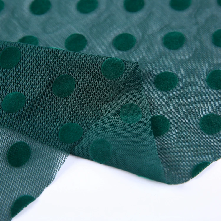 
Custom wholesale green polka dot design polyester mesh flock printing fabric knitted 