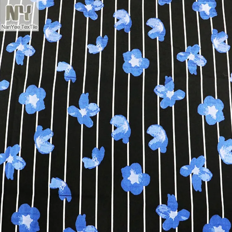 Nanyee Textile Pure Black Base Blue Flower White Stripe Polyester Blending Jacquard Fabric