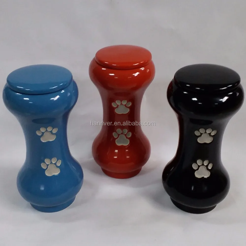 Best selling ceramics bone shape pet urns casket with hand paint paw mark for pets ashes with cover