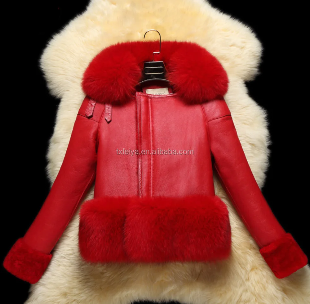 2017 Winter Fox Fur Trim Coat For Women Sheepskin Double faced Leather Jacket
