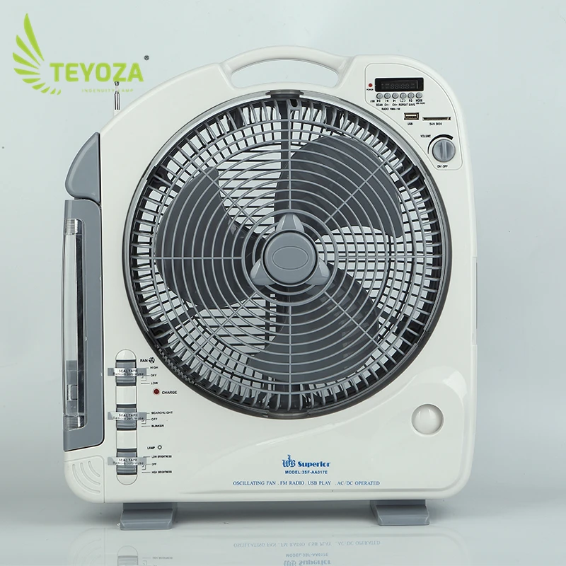 teyoza guangdong charging fan low price12 inch usb  rechargeable mini box emergency solar table fan with MP3 and FM radio