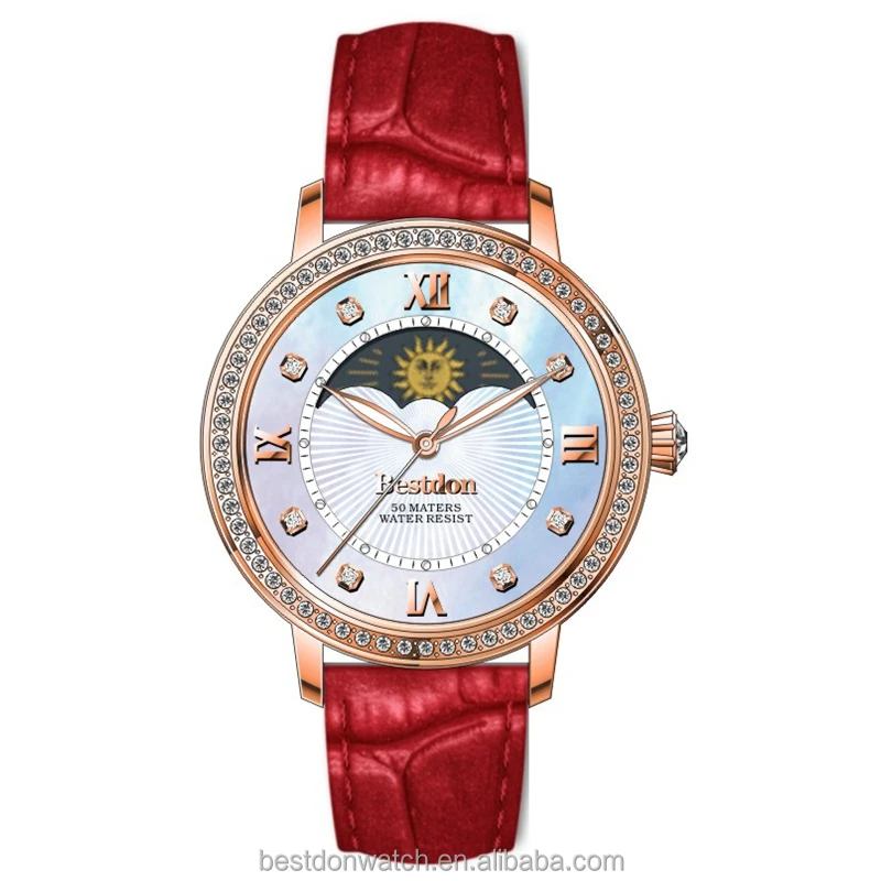 High quality japan movement diamond moon phase watch for women
