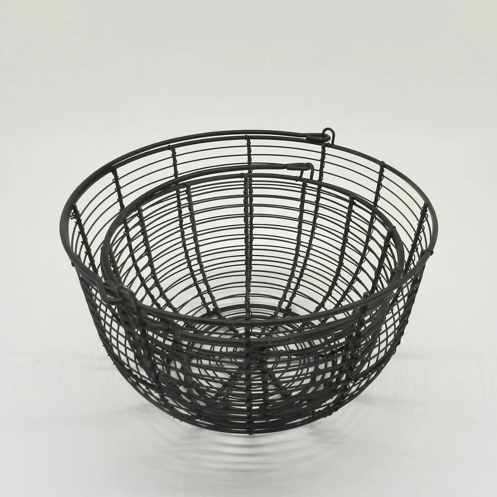 Round Metal Wire Egg Baskets Wire Fruit Baskets with Handle Country Vintage Style Storage Baskets. Matt Black, Set of 2