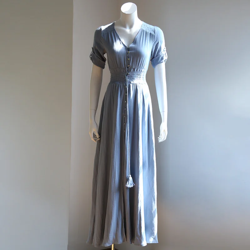 
UK V neckline Patchwork embroider tall waist maxi cotton dress bohemia style 