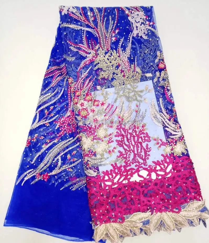 Guangzhou african wedding embroidery tulle lace fabric material French 3d lace fabric with stones TS004