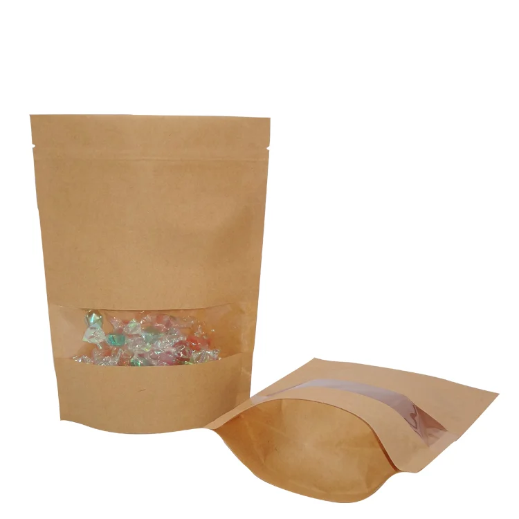 Window Doy Pack Custom Size Laminated Stand Up Zip lock Pouch Kraft Paper Bag with Airtight Zipper
