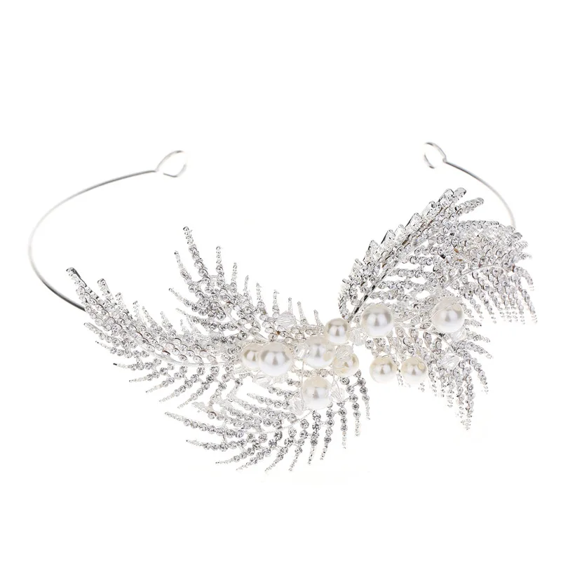 Fashion Crown Glass Stones Silver Zinc Alloy Feather Leather Design Women tiara for Wedding Party Headpiece Accessory