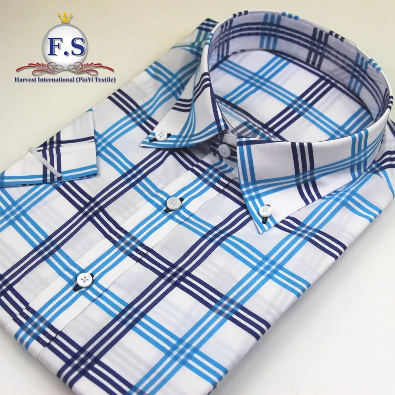 bright blue plaid/madras high end men shirt short sleeve