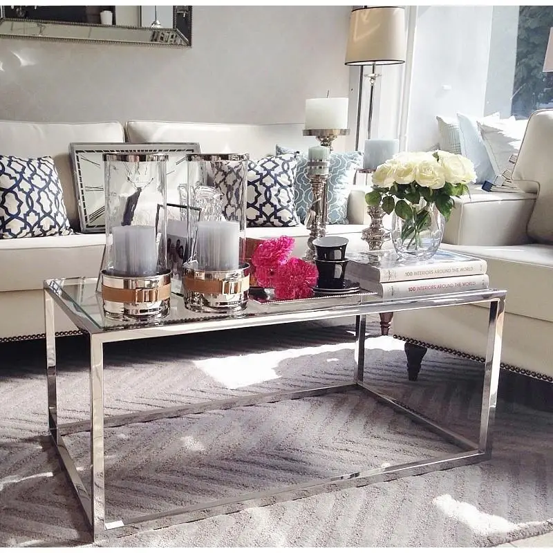 2022 Factory-Made Classic  Wholesale clear glass top with stainless steel pipe coffee table