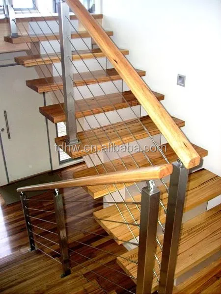 Modern wooden staircase steel-wood straight stairs with wire rope for home