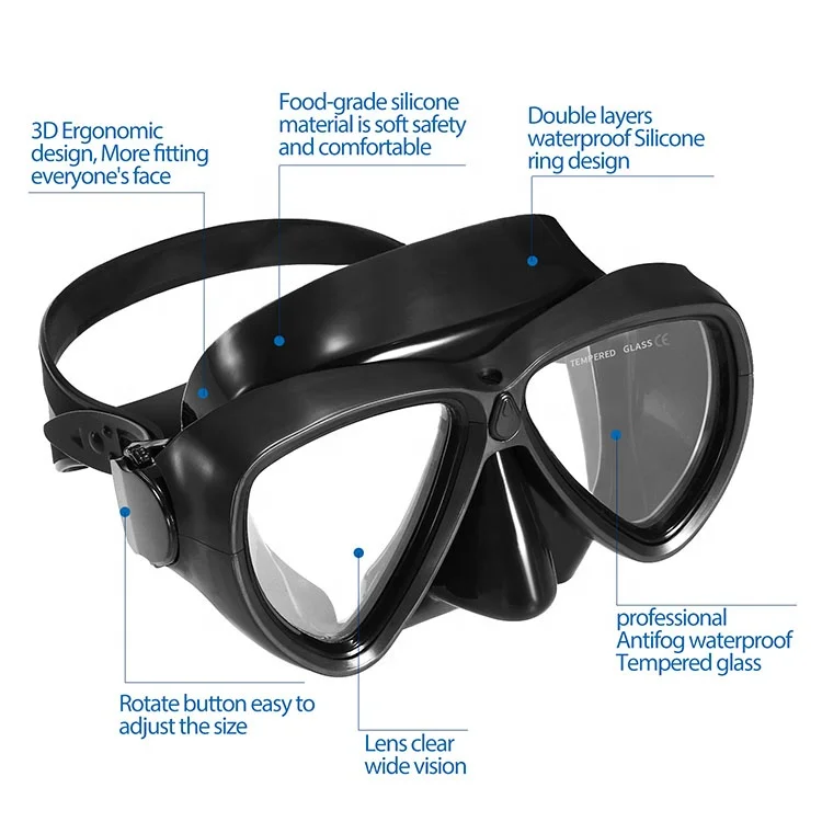 Underwater Free Dive Goggles Sports Tempered Glass Black Silicone Swimming Diving Mask