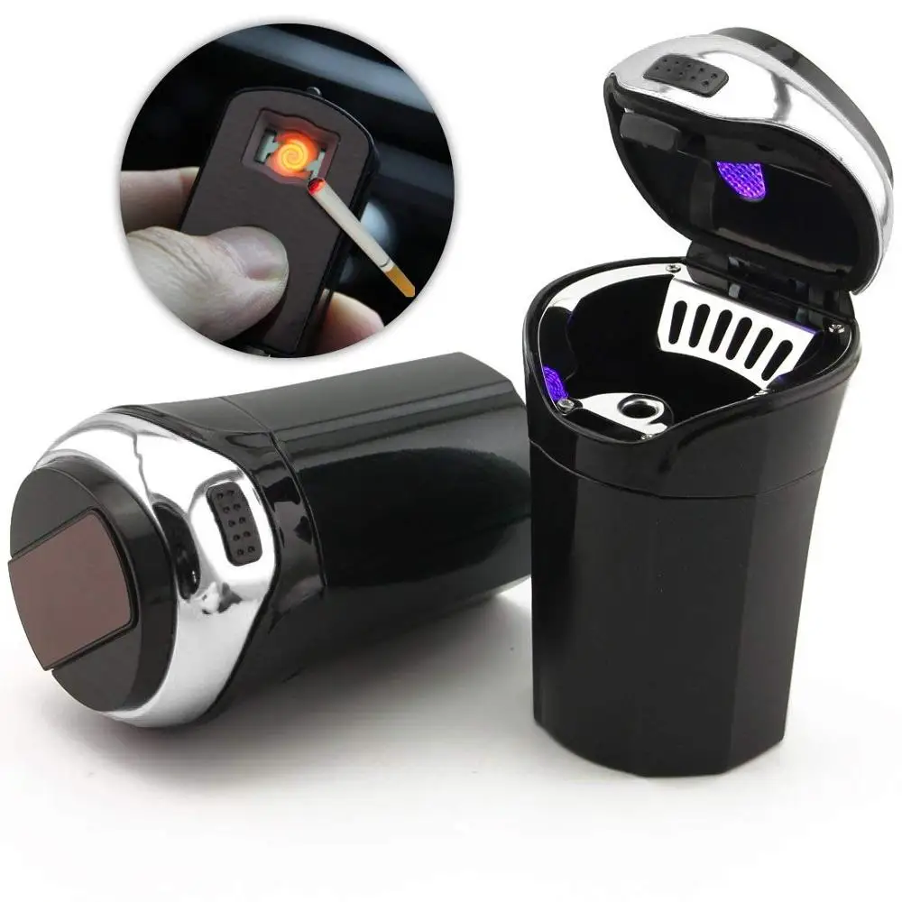 Car Ashtray, Easy Clean Up Detachable Stainless Car Ashtray with Lid Blue Led Light and Removable Lighter for Most Car Cup Holde