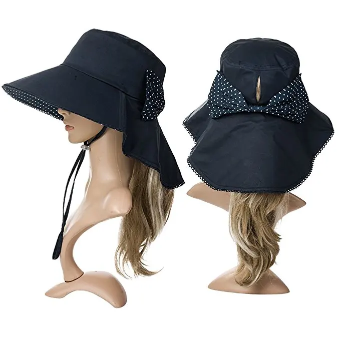 Summer Bill Flap Cap Cotton Sun Hat with Neck Cover Cord for Women