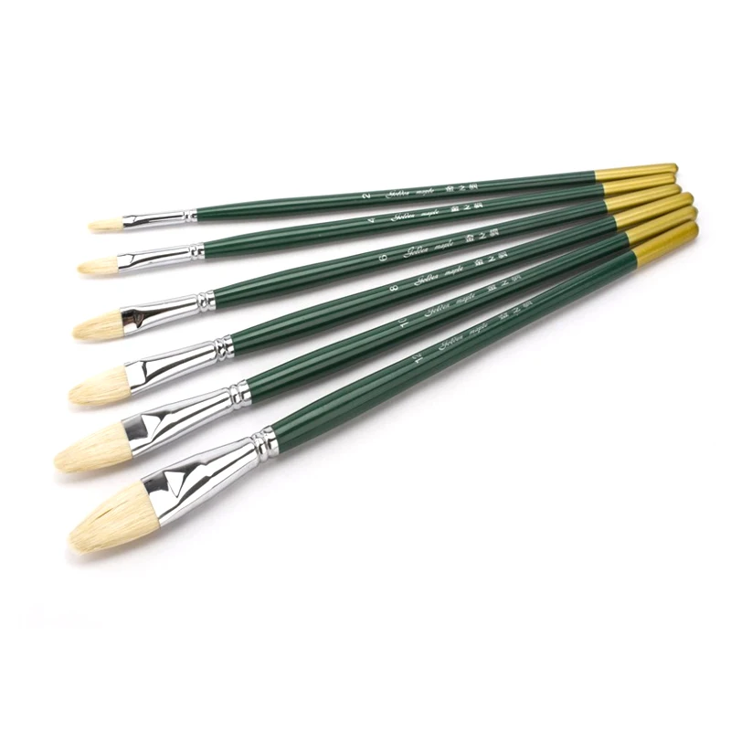 New Product 6pcs Wood Handle Filbert Bristle Art Paint Brushes Hog Hair Oil Painting Brushes Paint Pen