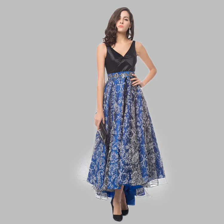 Ladies satin printed florals party gown blue long bridesmaid dresses (60442433509)