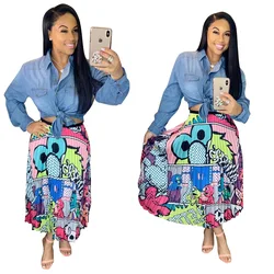 LSD8277 wholesale hot fashion High Street Cartoon Print High Waist Pleated Midi Skirt