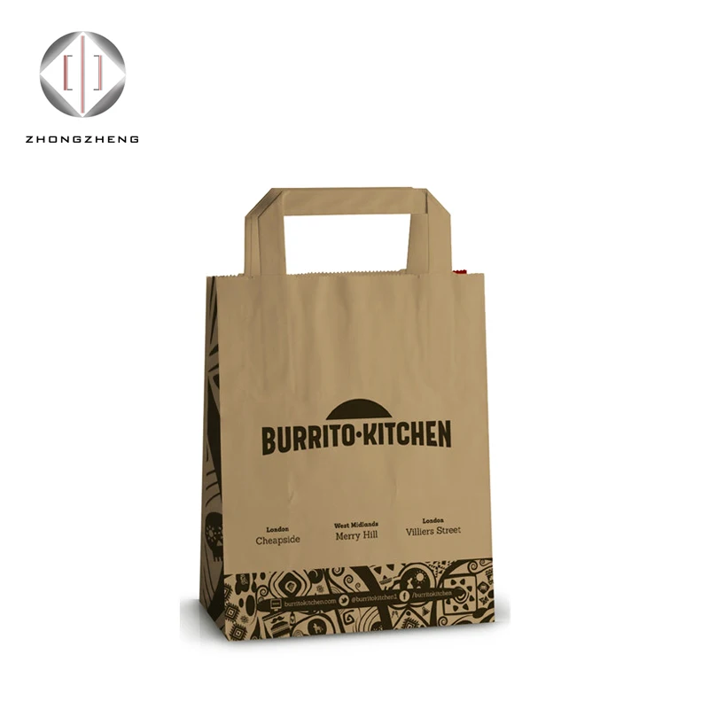 Custom Recycled Restaurant Food Delivery Fast Food Take Out Kraft Paper Bag With Flat Handle