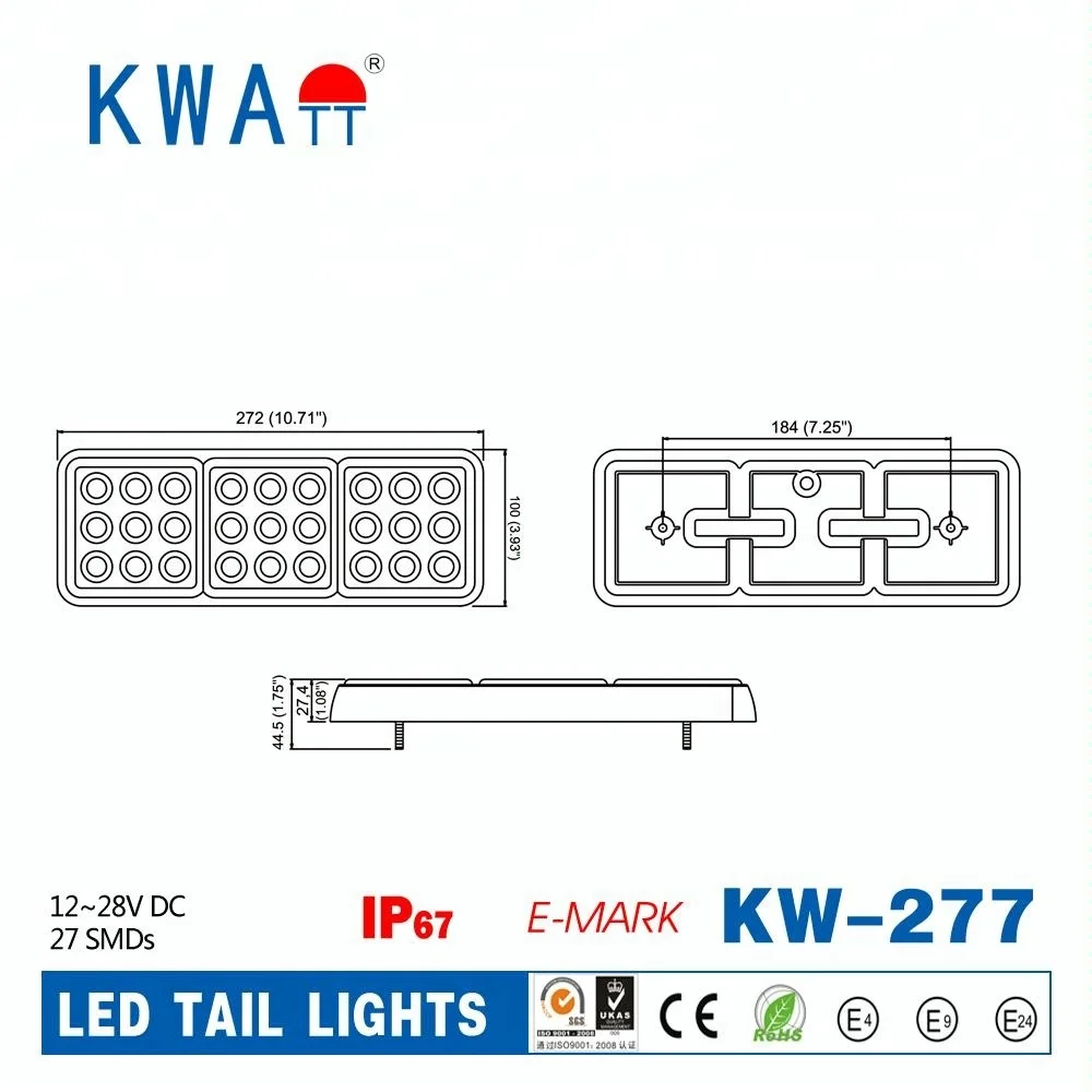 
Factory High Quality 12V-24V Rectangle Vehicle 27pcs LED Stop Turn Rear Tail Lights For Truck Trailer Marine With E-Mark 