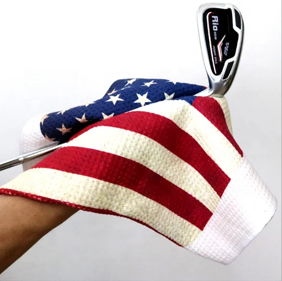 Custom Logo Organic Cotton Microfiber waffle weave Mini Golf Towel With Clip Rings Hook And Eyelet