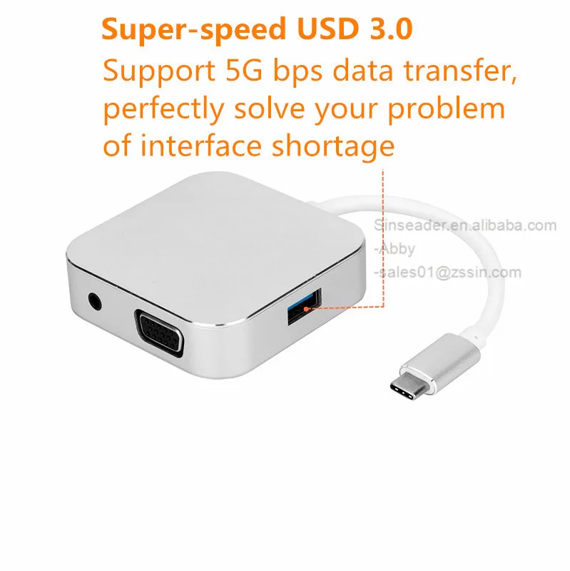 USB C to HDMI+VGA+U3+3.5MM hub high speed 5Gbps data transfer support 4K 30Hz 4 in 1 converter