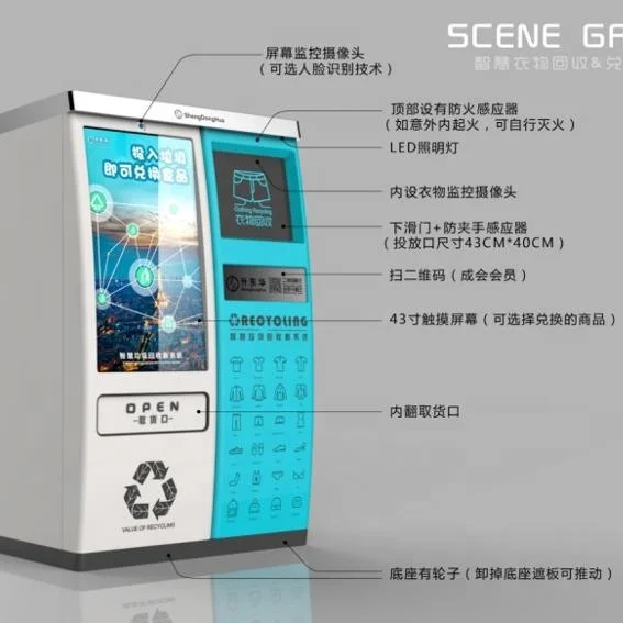 
clothing recycling vending machines and reward system with background ,camera,barcode 