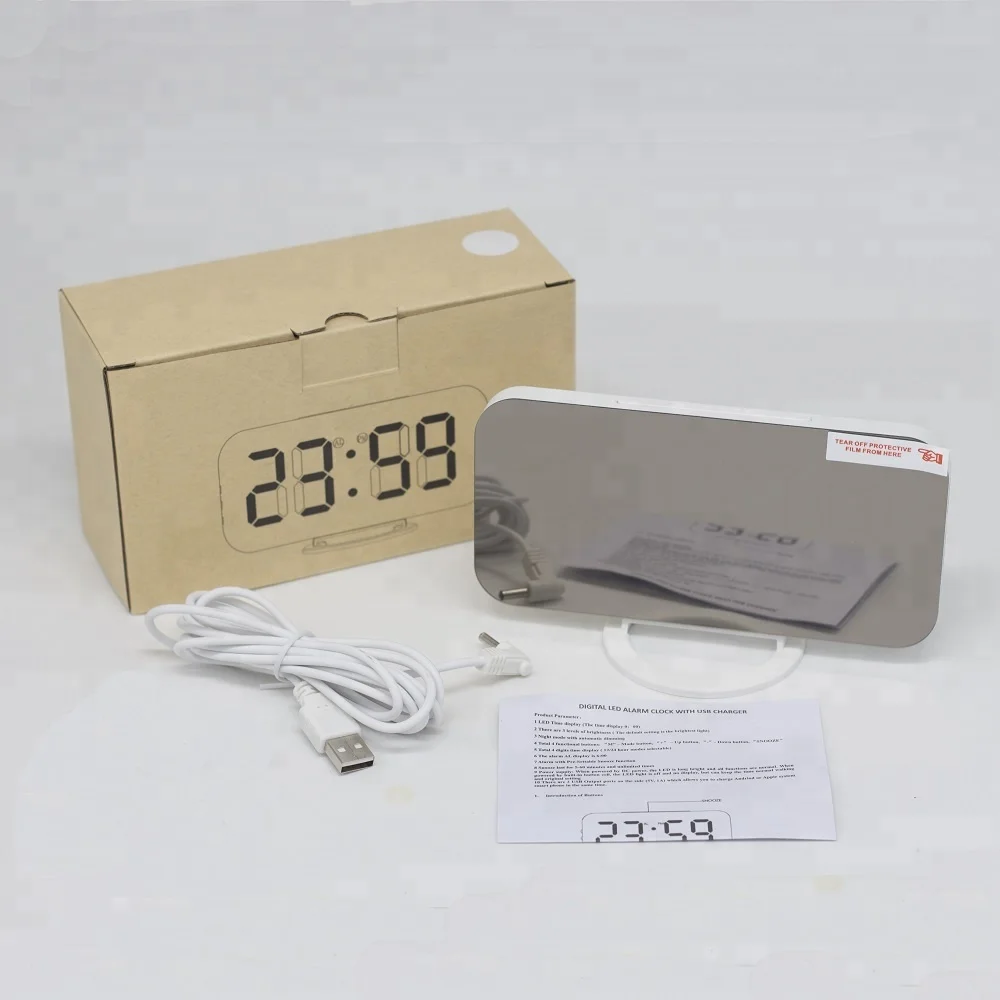 Korea Hot Seller White Digital LED Mirror Alarm Clock 24 hours Desktop Decorative Wall Clock with USB Charger