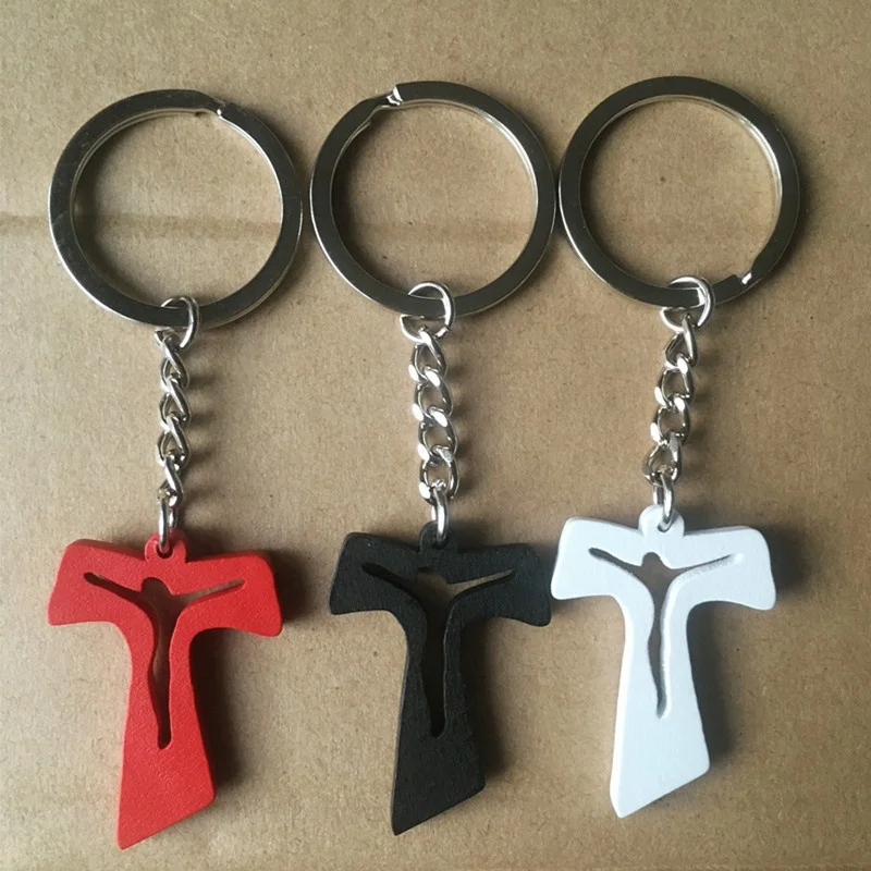 T Shape Engraved Jesus Cross Keychain, Religious Promotional Keyring With Various Color Pendant Available