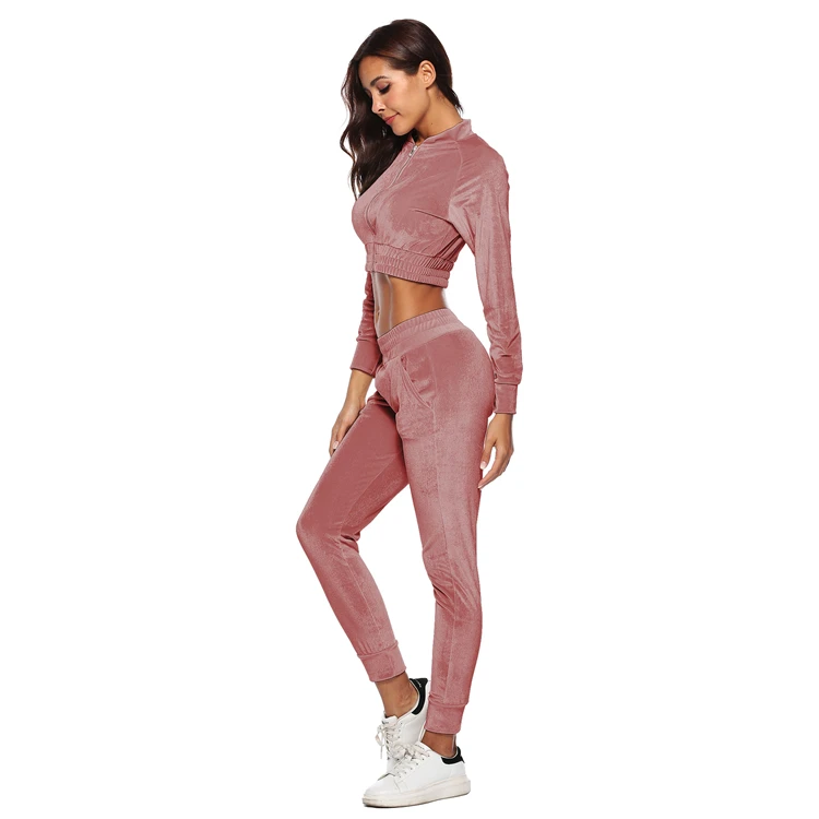 Custom Full Zipper Tracksuit Womens Pink Jogging Suit Velour Women Tracksuit Set