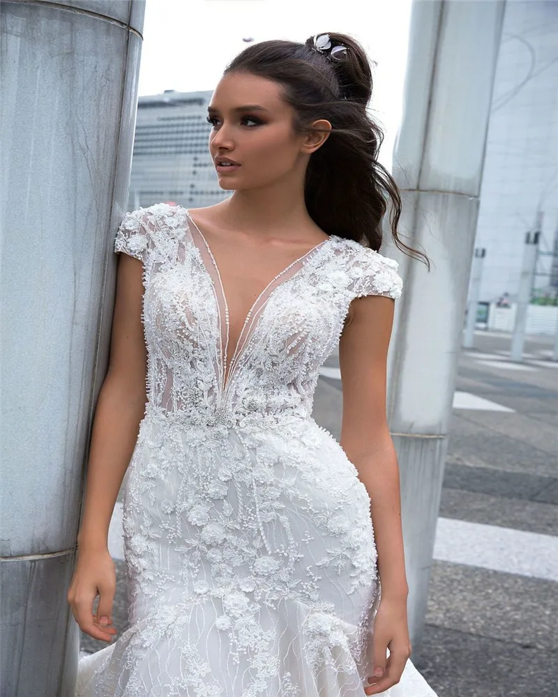 White Lace Wedding Gowns Brand  Mermaid Wedding dress Vestido de novia Sexy African Bridal Gowns V-neck Backless Bridal dress