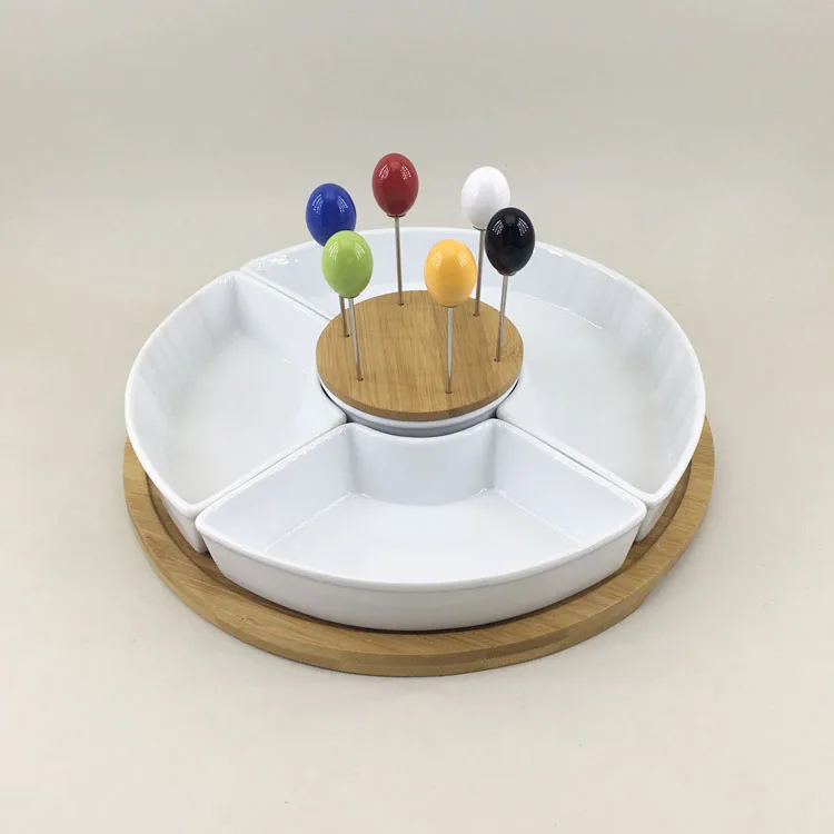 Tableware revolving divided white round shape ceramic tapas serving dishes dish set with lazy susan