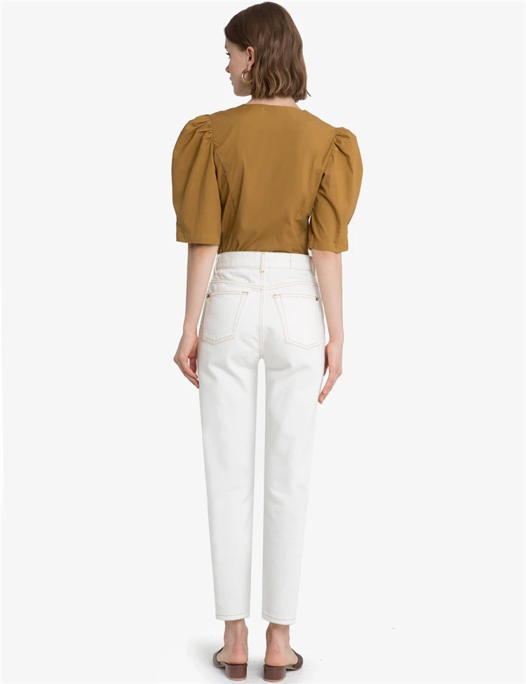 
Cheap Price Women Retro Puffy Sleeve Brown Oversize Buttons Short Blouses Cotton Shirts 