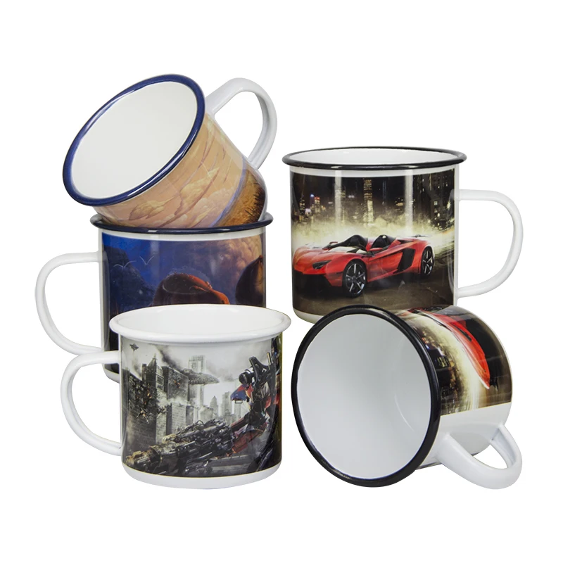 12 oz Sublimation Coated Mug Fine Enamel Cup with Silver Rim Outdoor Camping Mug