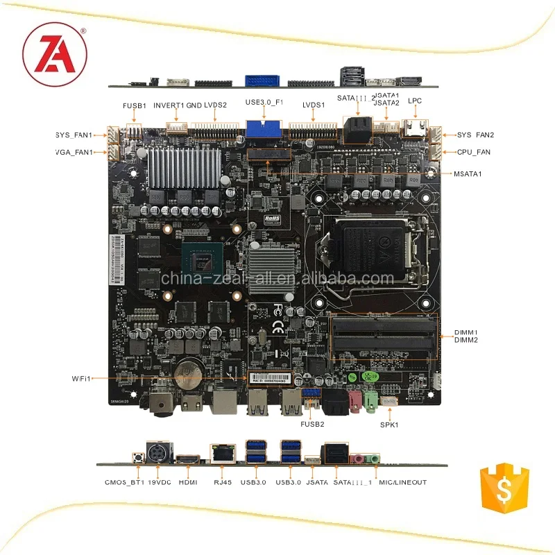 2 LVDS Support Dual Channel 10Bit motherboard ZA-SK1050 ti OEM from china factory