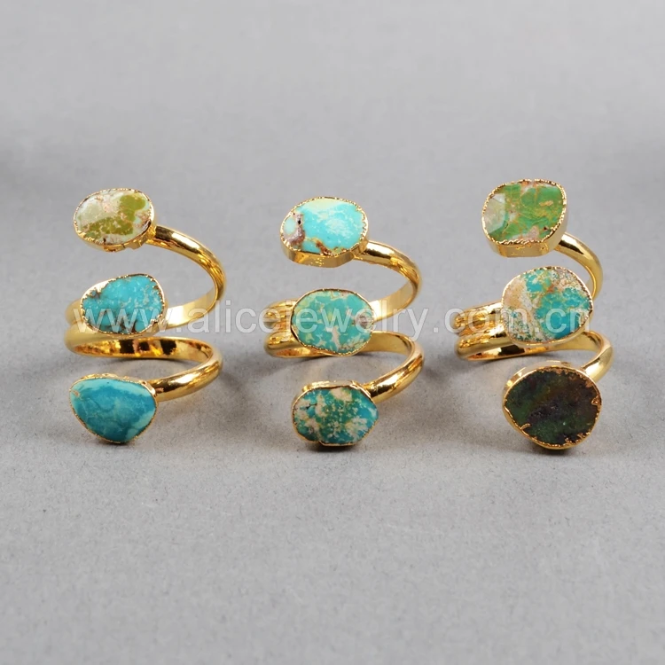 Genuine fashion turquoise gemstone wire ring three stone turquoise ring in 18k gold plated adjustable ring