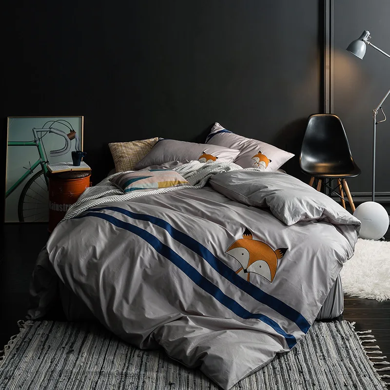 Комплект серого одеяла с вышивкой в сумке, королевский комплект постельного белья, 4 предмета, пододеяльник, простыня и подушка