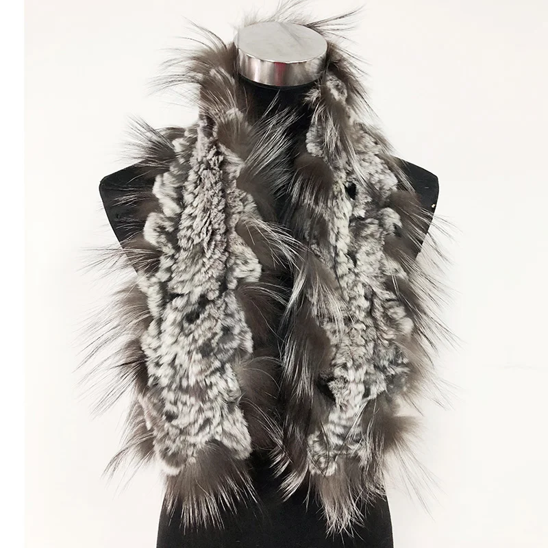 CX-S-115F Hot Sale Mixed Color 90*10CM Knitted Rex Rabbit Fur And Fox Fur Scarf For Women