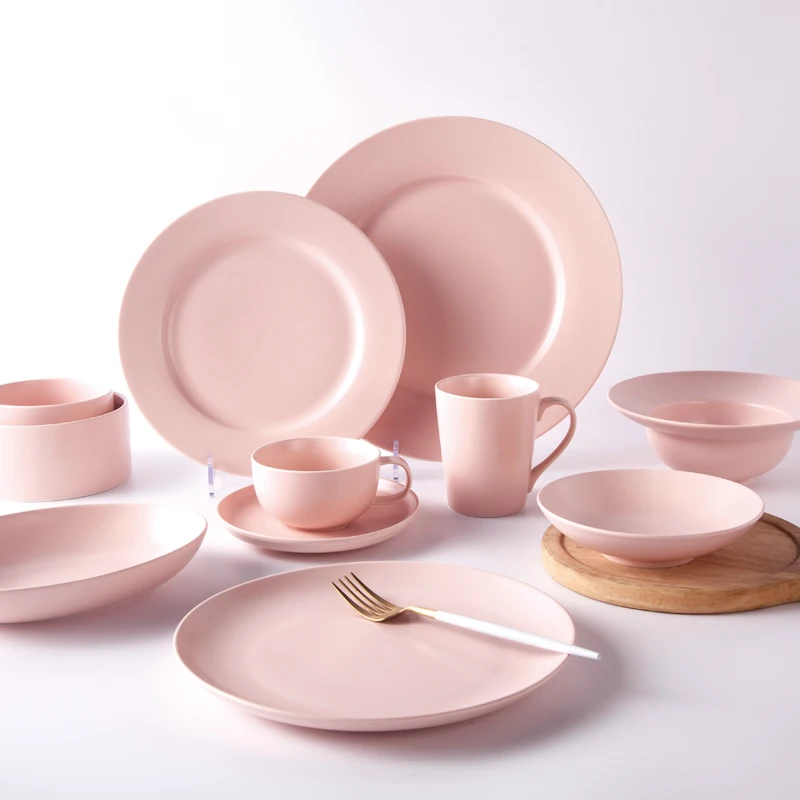 Bright Pink Matte Color Dining Plates Set For Home Family Use With Factory Price Customize Color