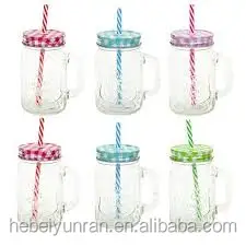 Custom made embossed glass mason jar With Straws Handle