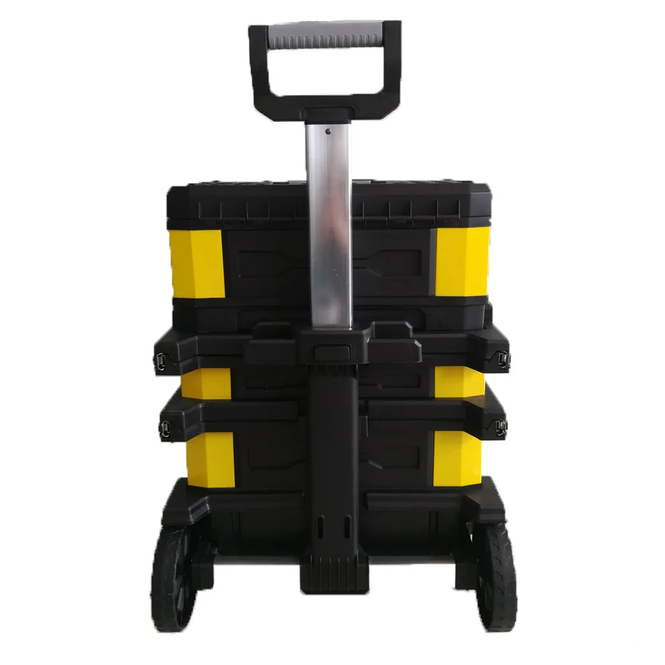 Stackable rolling toolbox plastic mobile tool box cart with wheels and telescopic comfort grip handle with wheels
