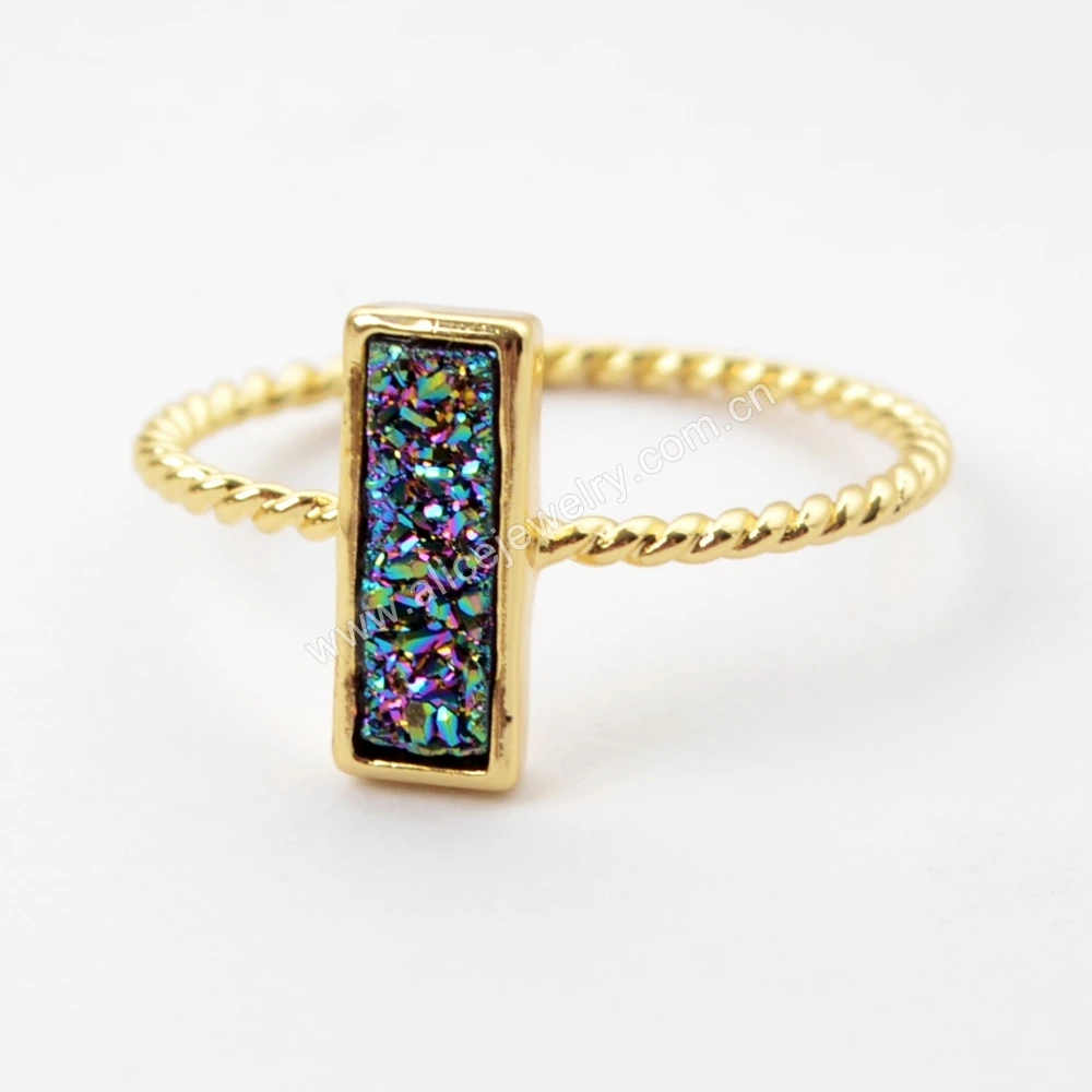 ZG0291 Hot Sales Rectangle Gold Plated Natural Agate Titanium Rainbow Druzy Bezel Ring, Moon Ring Jewelry