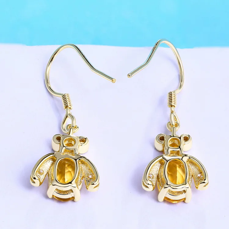 Wholesale Fashion Earrings 14k Gold Plated Bee Shaped Citrine Dangle 925 Sterling Silver Natural Gemstone Drop Earrings