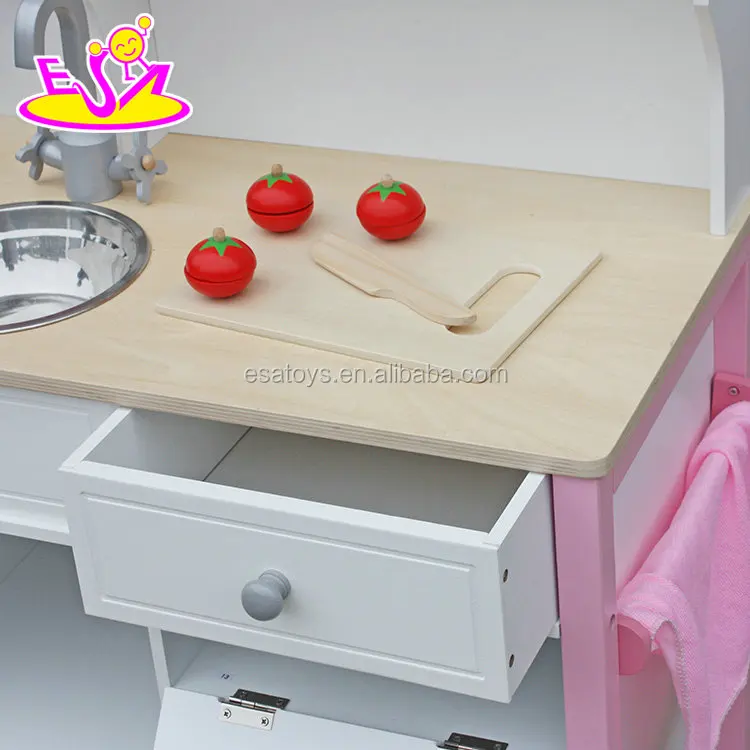 New design luxurious girls pretend play toys wooden pink toy kitchen W10C281