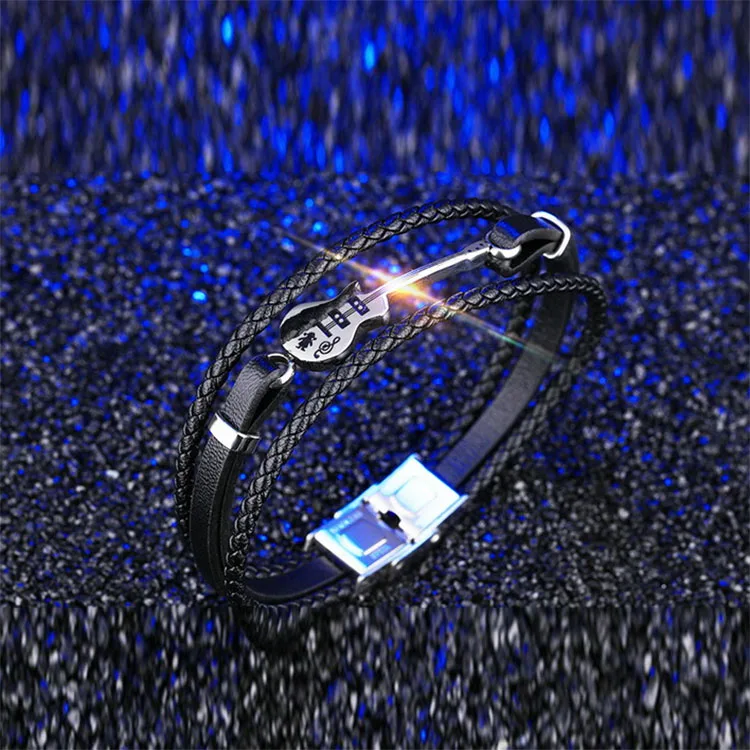 Trendy Stainless Steel Music Festival Guitar Men Leather Rope Bangle Bracelet