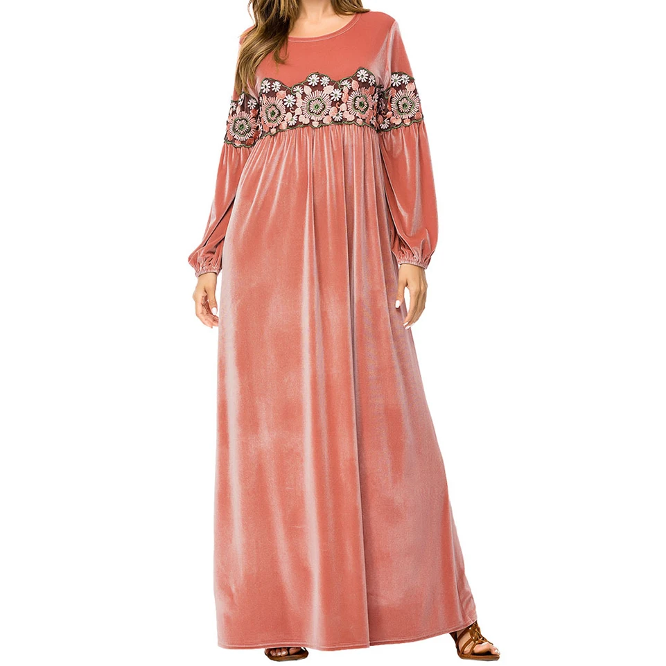 
Hot Sale Plus Size Floral Patchwork Velvet Robe Abaya Muslim Dress For Women  (62050867441)