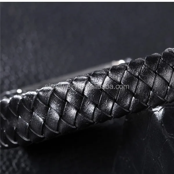 Latest Design Wide Braided Leather Bracelet men engraved metal plates Black Genuine Bangle with Stainless Steel Magnetic Clasp