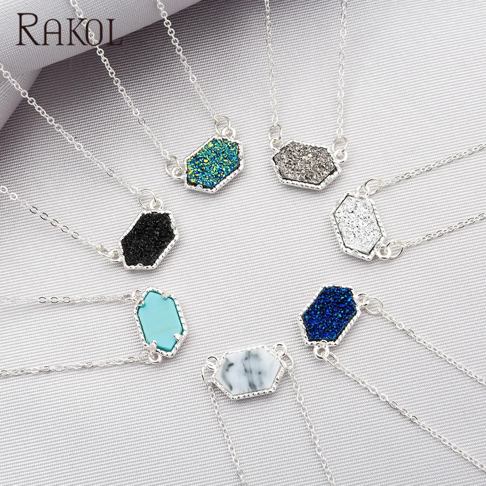 RAKOL NN036 Women Natural Stone Jewellery Pendant Necklace Druzy Crystal Gold/Silver Plated Bar Pendant Jewelry