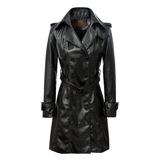 women double breasted pu leather jacket coat