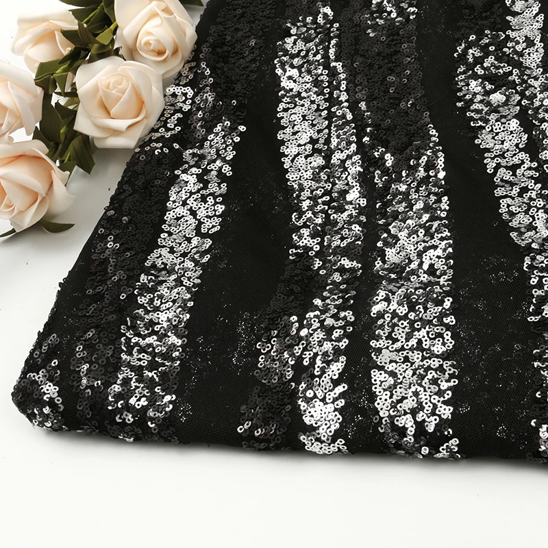 Wholesale polyester fashion breathable dress mesh silver black sequin fabric